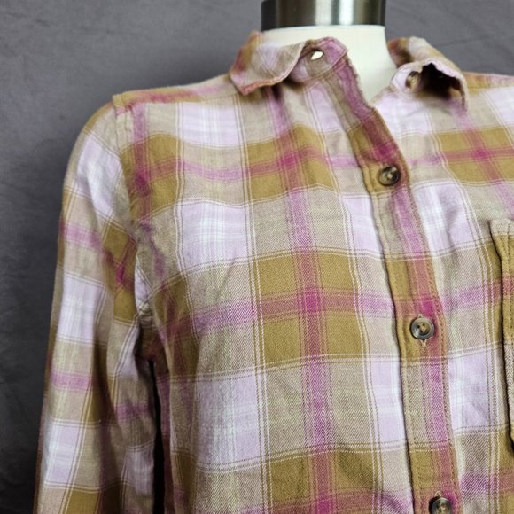 Flannel Shirt-SO Brand Tan and Pink Plaid Button Up Shirt Size M - Picture 2 of 7